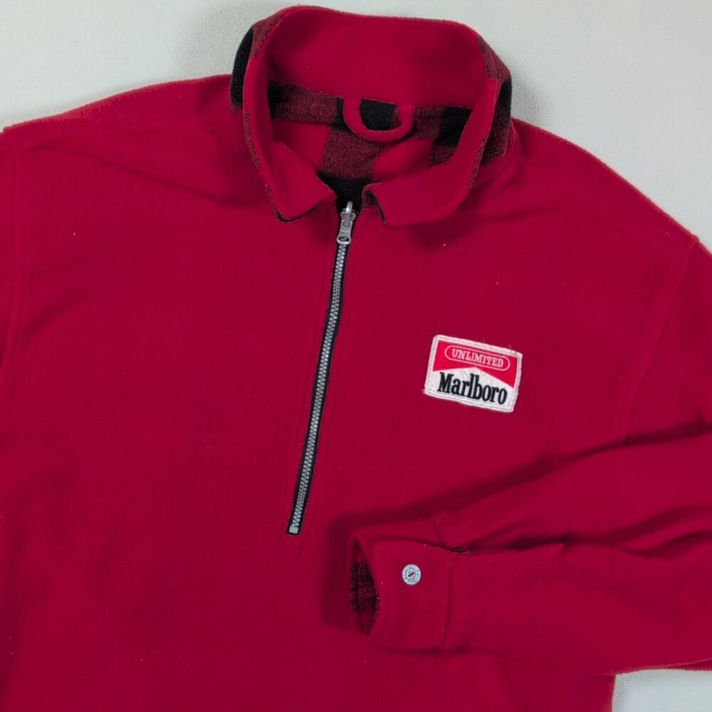 Vintage Marlboro Unlimited Fleece Jacket Mens L Red 1/4 Zip Pullover Reversible